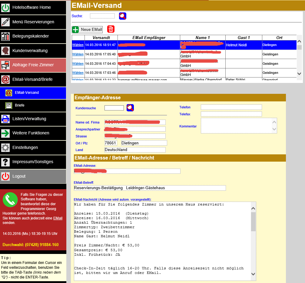 Hotelprogramm - EMail-Versand