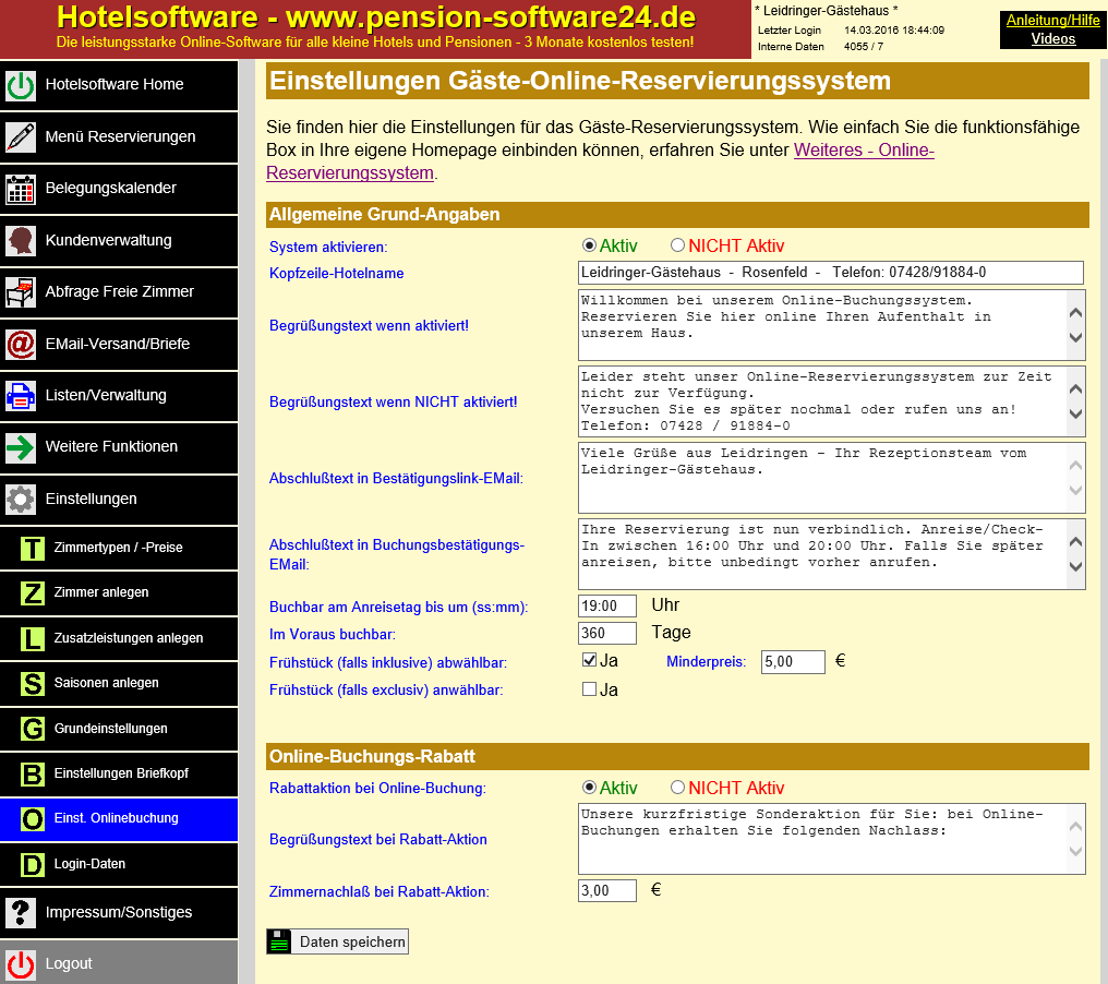 Hotelprogramm - Einstellung Online-Buchung